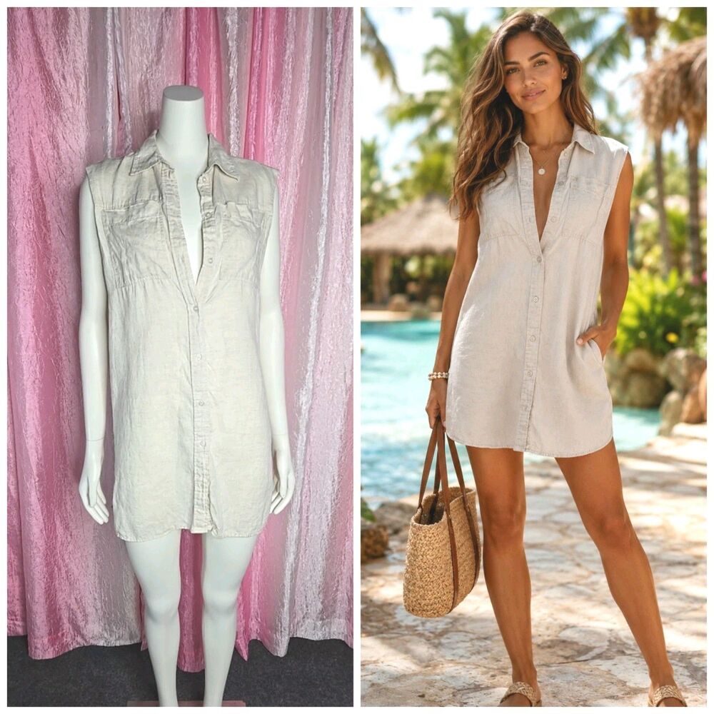 H & M Linen Button Up Beige Sleeveless Beachy Vacation Top Size XS